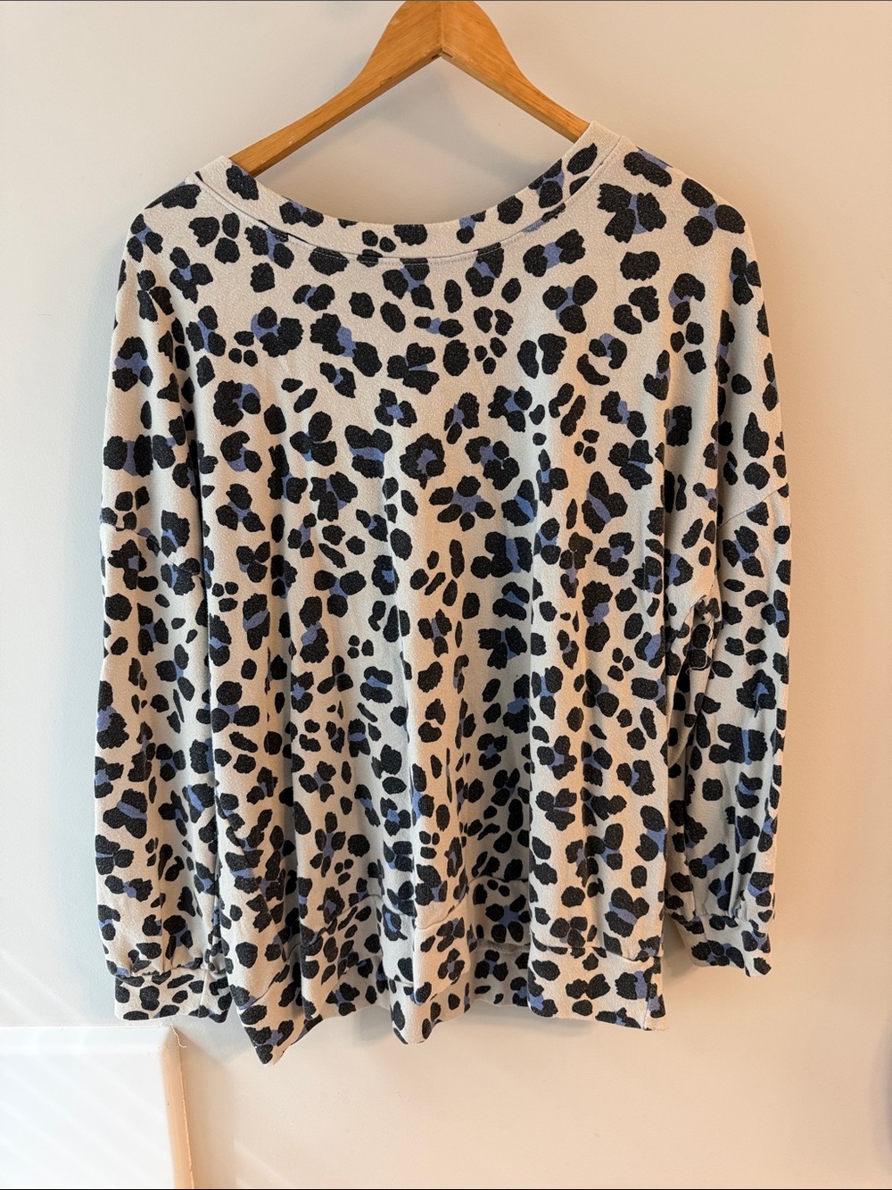 Leopard Print Long Sleeve Sweater - Cream with Black & Blue Spots
